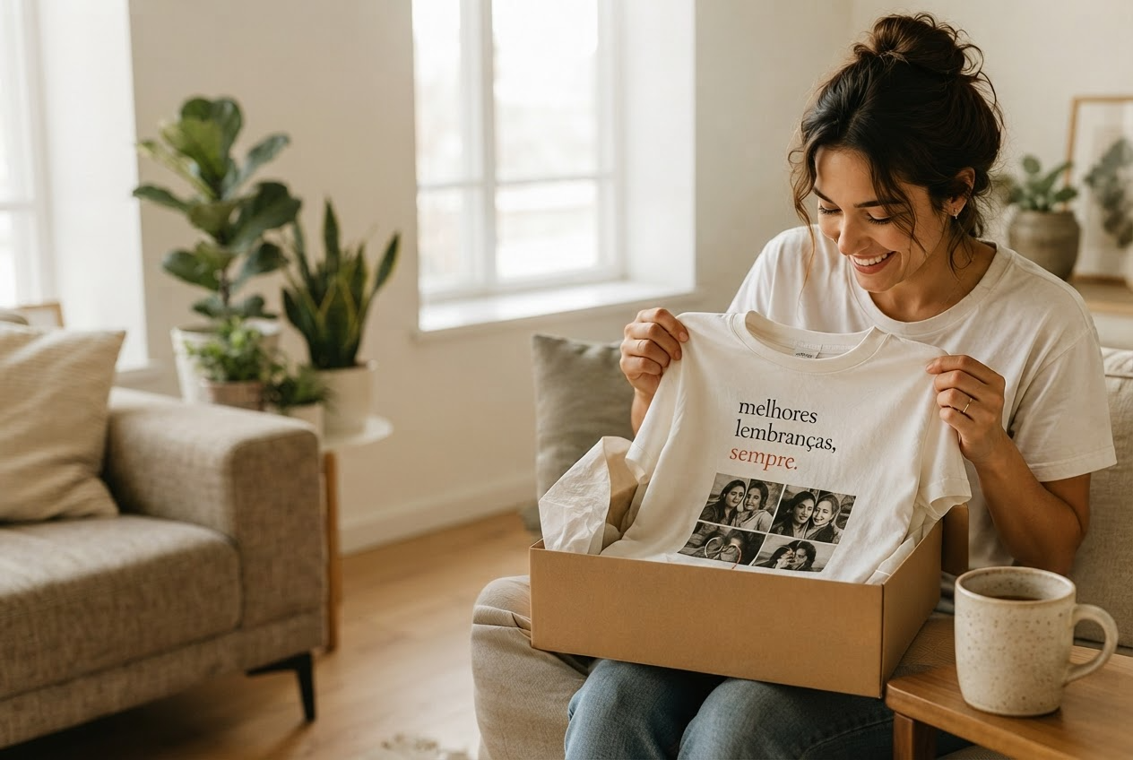 Pessoa sorrindo ao receber uma camiseta personalizada de presente